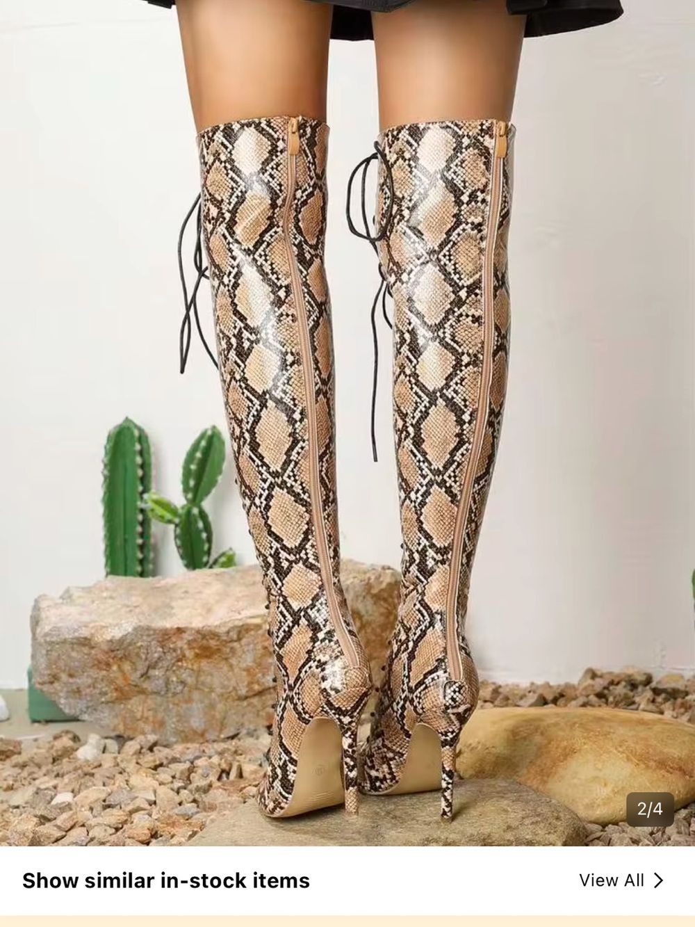 SHEIN Snake-Print Lace-Up Over-the-Knee Stiletto Boots - Brown - Picture 3 of 5